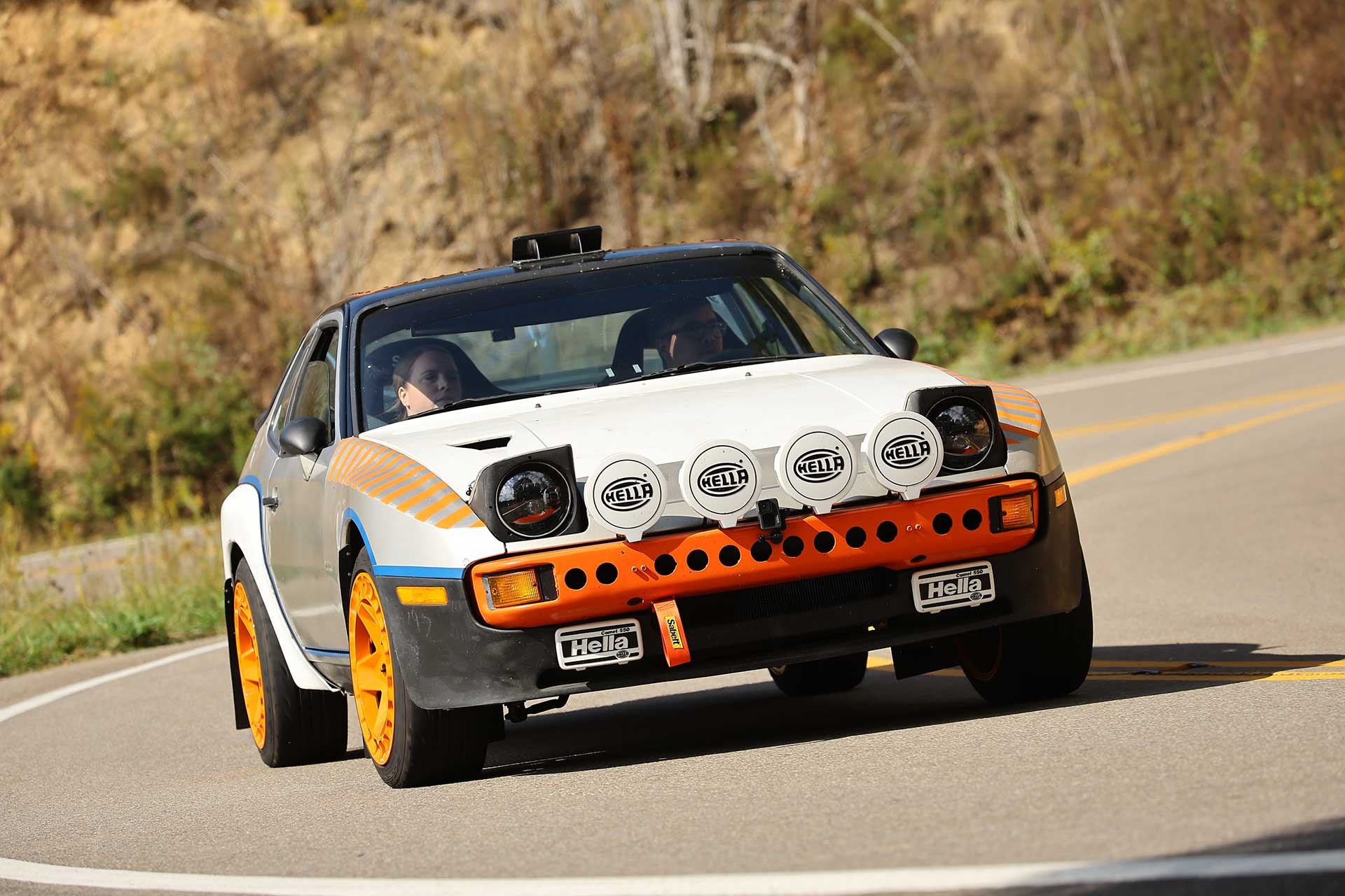 A rally-built 924 with Hella lights on the Dragon